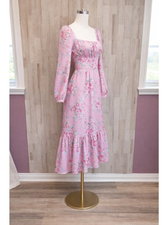 Wayf Dresses & Skirts - Wayf Pink Barbie Floral Square Neck Milkmaid REN Faire Dress Peplum Romantic Med